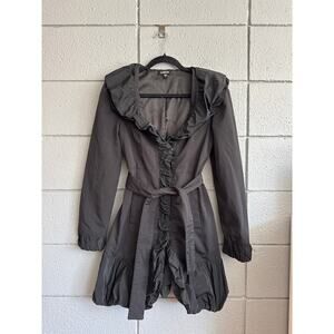 Vintage Y2K Womens Bebe Ruffle Collar Nylon Trench Coat in Black sz S Whimsigoth